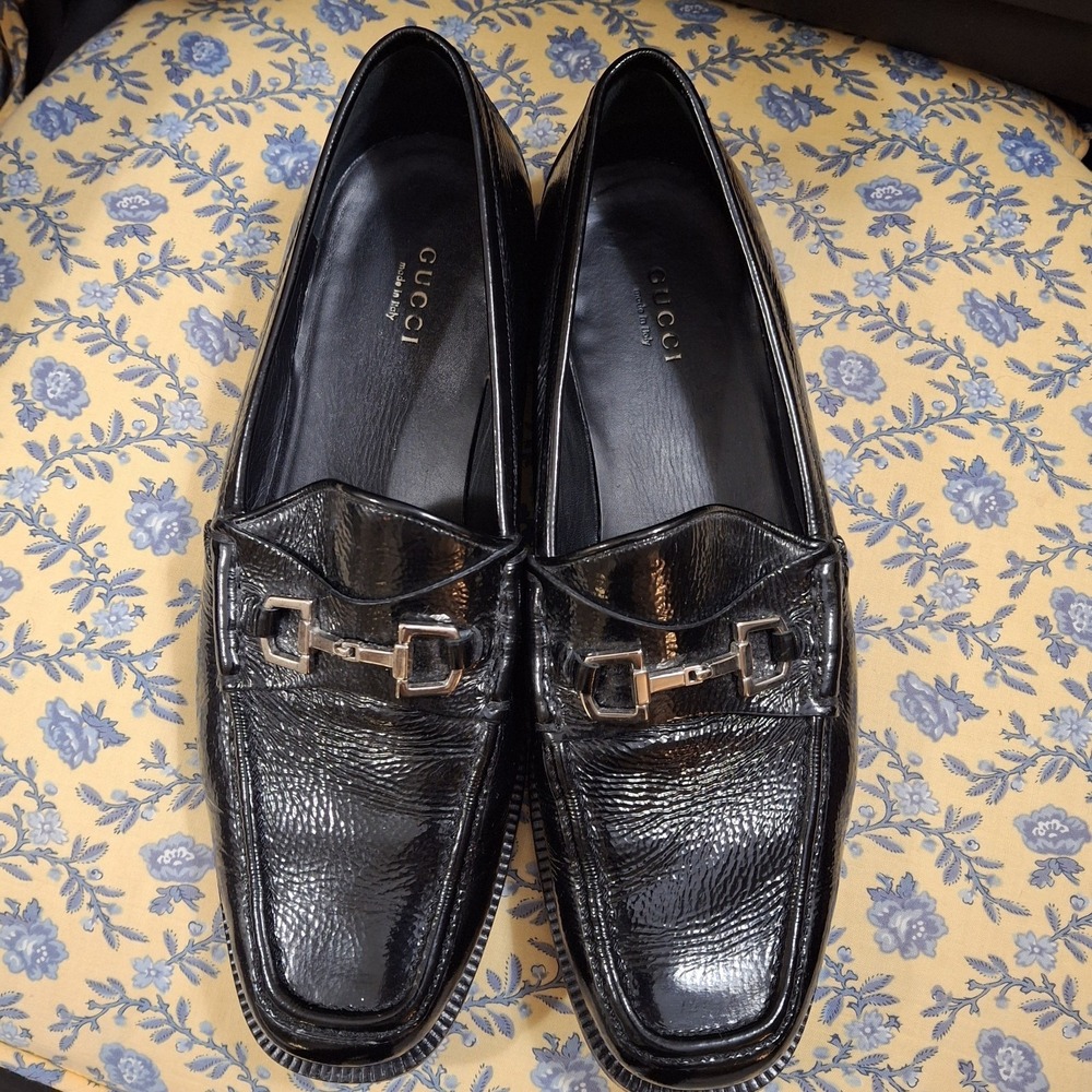 Gucci Women's Black Lacquer Leather Horsebit Loafers‎ 370606 Italy 39 US 9/9.5